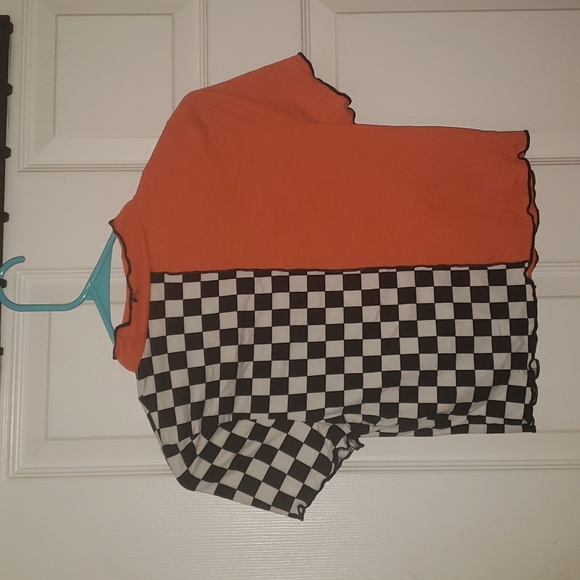 Shein Orange and Checker Pattern Mock Neck Lettuce Trim Crop Top - Picture 3 of 3